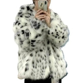 Snow Leopard Print Faux Fox Fur Short Coat